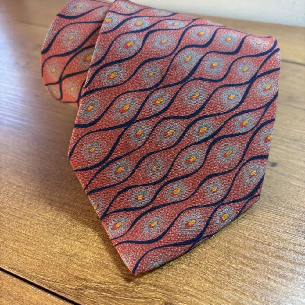 VTG Hugo Boss x Franco's Men's Necktie Coral Red Wave Geometric 100% Silk Italy